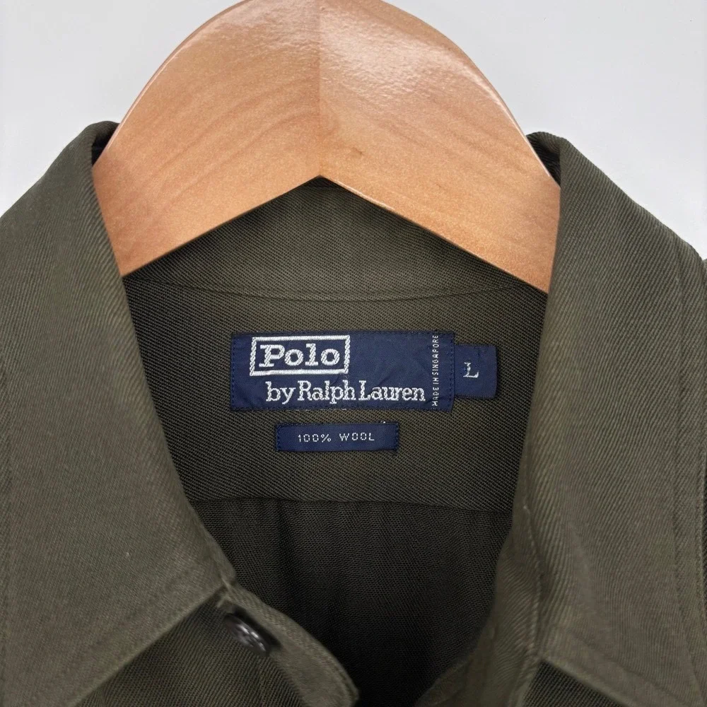 Vtg Polo Ralph Lauren Wool Field Shirt Mens L Olive Epaulettes Military Safari